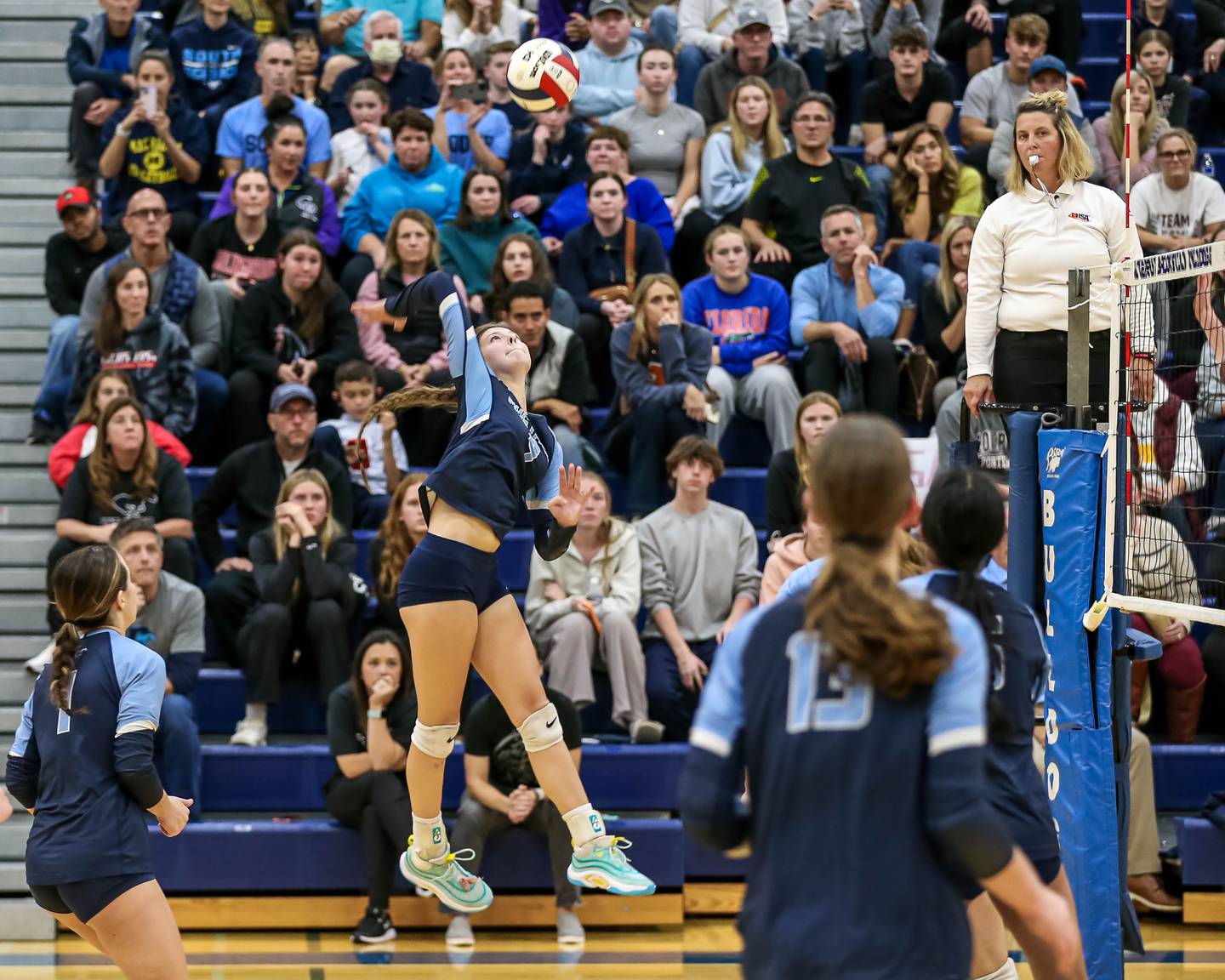 Downers Grove South's Jayda Dixon (9) leaps high for a spike during Class 4A Riverside-Brookfield Supersectional match between Lockport at Downers Grove South.  Nov 11, 2024  in Riverside