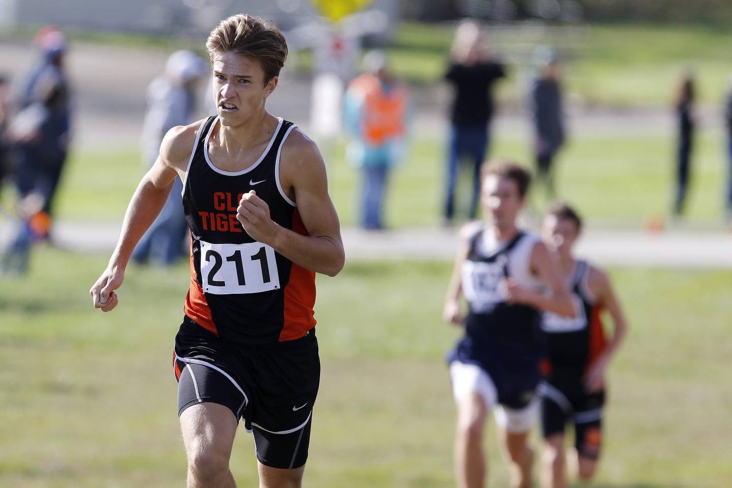 Crystal Lake Central's Karson Hollander heads for the finish line to place tenth during the boys Class 2A Woodstock North XC Sectional at Emricson Park on Saturday, Oct. 30, 2021 in Woodstock.