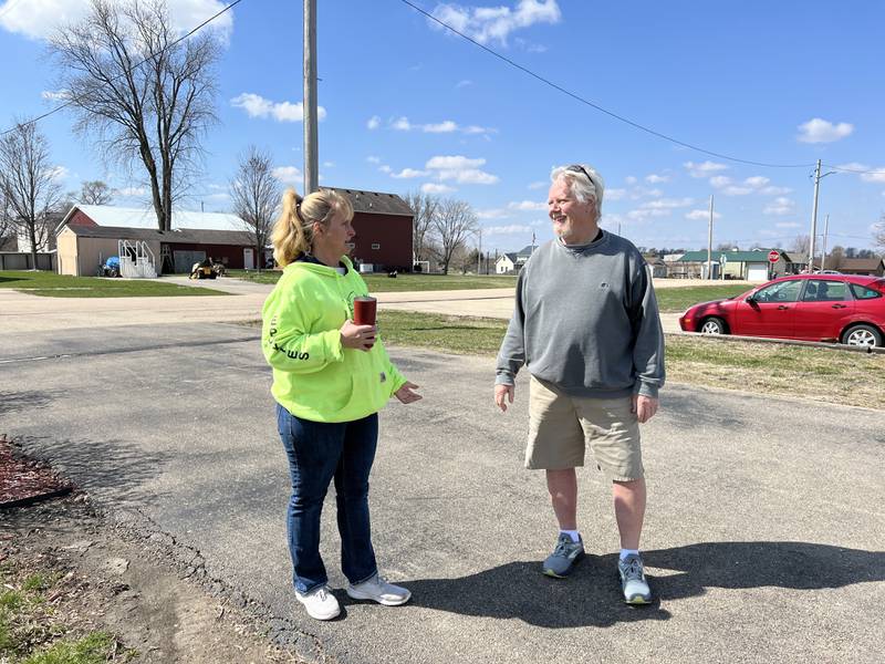 Adrienne Truran, who lived through the 2015 Fairdale tornado and has since moved away, and  Ed Silvers, a member of the Fairdale community for the past 45 years, reminisce on April 11, 2025, about the tornado that nearly destroyed the town on April 9, 2015.