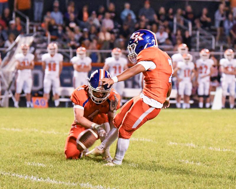 Genoa-Kingston Jorge Leon (7) makes a field goal attempt in the second quarter while taking on Byron to put points on the board to make the score 3-14 on Friday Sep. 16th while at Genoa-Kingston High School.