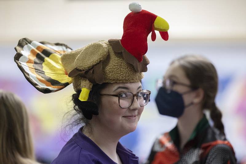 Three strikes in a row got Dixon’s Leslie Pettorini the honor of wearing this spiffy hat during bowling regionals at Plum Hollow in Dixon on Saturday, Feb. 4, 2023.