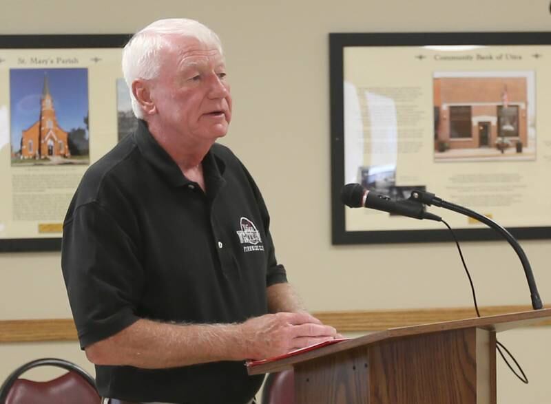 The Utica Fireside White Sox Club president Lew Cushing gives a speech before donating over $6,000 to organizations and charities including The Boy Scouts of America Waltham Troop #797, Friendship Village, Lighted Way, Ronald McDonald House,  Starved Rock Regional Center and St. Jude during the 14th annual Utica Fireside White Sox Club donation presentation on Tuesday, Aug. 15, 2023 at the Utica Township Community Building. Since 2007, the club has raised and donated $60,000 to assist local charities. The group has a camaraderie of doing good in the community.