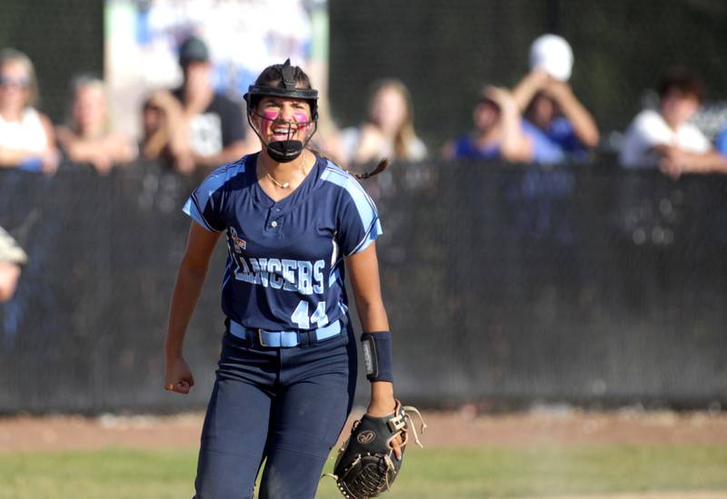 Lake Park’s Ari O’Connell celebrates an out during the Class 4A St. Charles North Sectional final against St. Charles North on Friday, June 2, 2023.