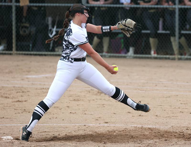 Kaneland's Brynn Woods delivers a pitch Tuesday, April 22, 2025, during their game at Sycamore High School.