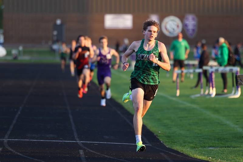 Dwight's Joe Faris leads after the first lap during the 800-meter race at the Manteno Track Invite on Friday, April 24, 2026.