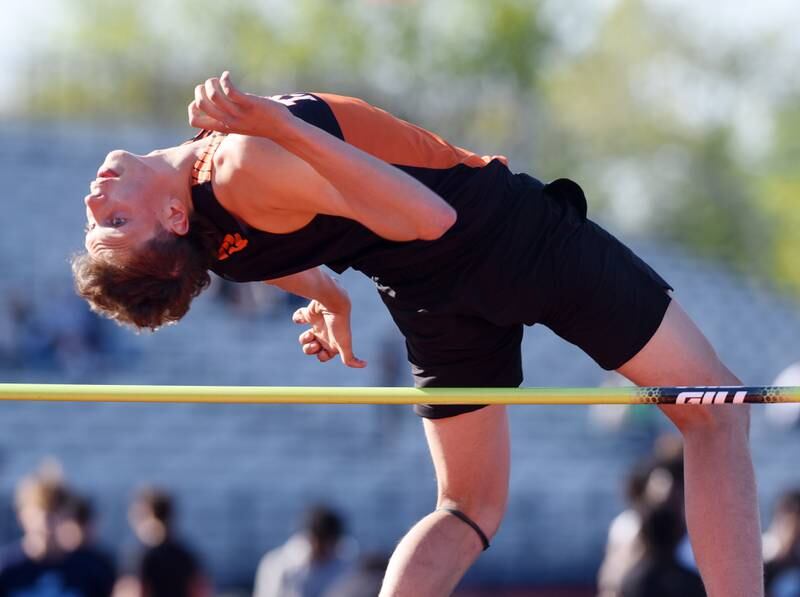 Wheaton-Warrenville South’s Martin Dvorak clears the high jump bar during the Du Page County boys track meet at Naperville North High School on Friday, May 3, 2024 in Naperville.