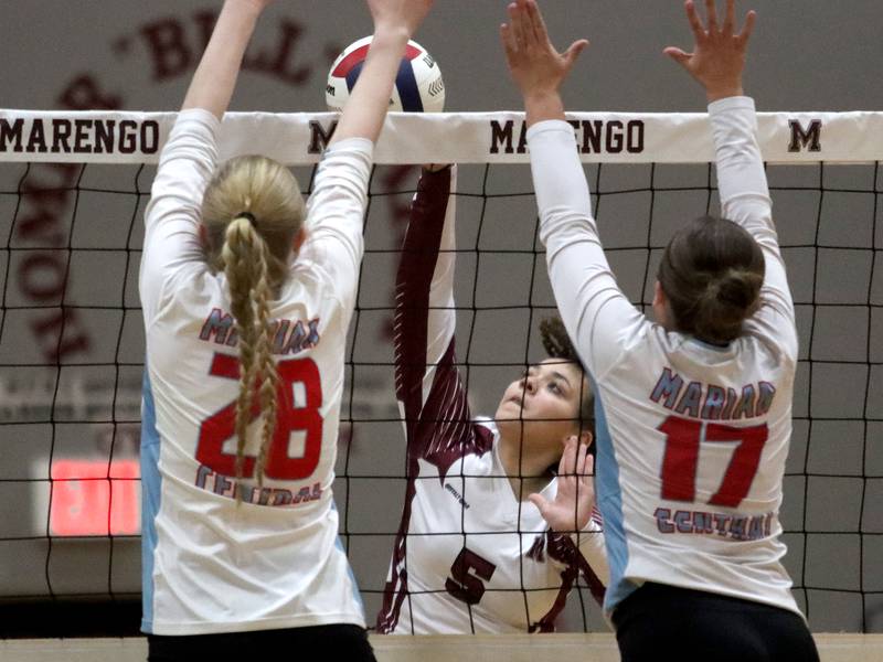 Marengo’s Marlee Gordon hits the ball against Marian Central in IHSA Class 2A Regional volleyball action on Monday, Oct. 28, 2024, at  Marengo High School  in Marengo.