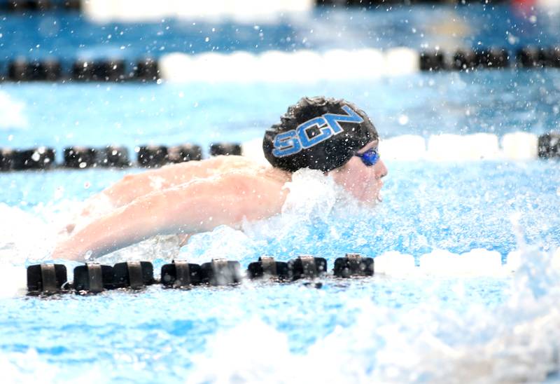 St. Charles North’s Isabelle Beu competes in the 100-yard butterfly championship heat during the IHSA Girls State Championships on Saturday, Nov. 16, 2024 at FMC Natatorium in Westmont.