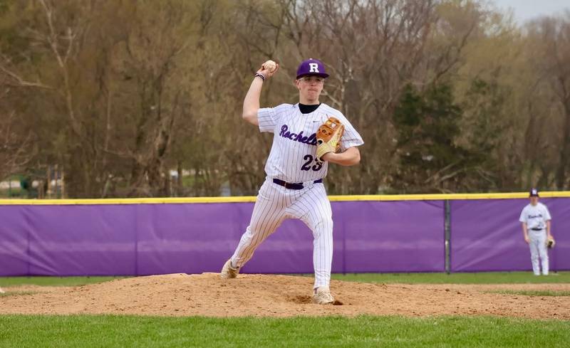 Rochelle's Trenton Cunningham pitches during the Hubs' second game against Streator.