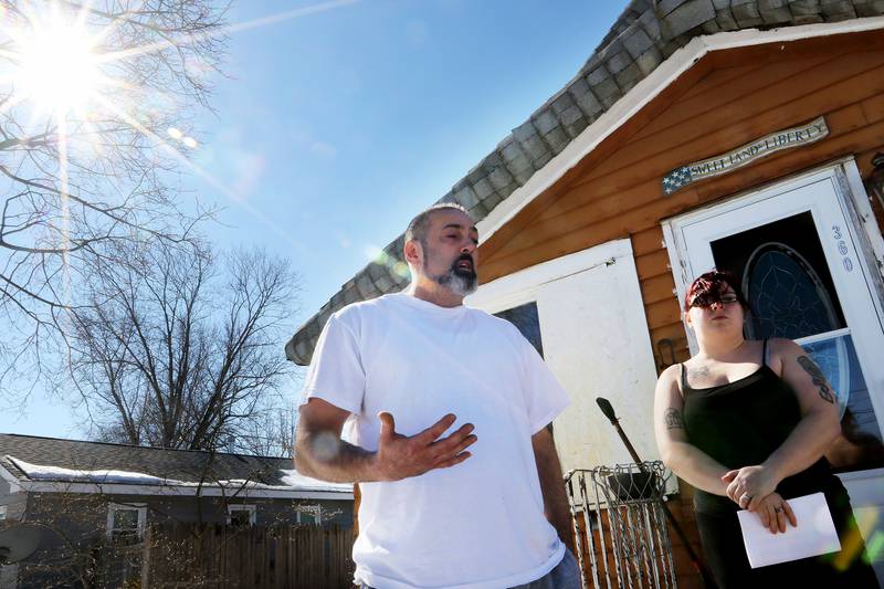 Cayce Williams, left, speaks on his behalf with niece Amber Robarge, right, regarding his parole on Friday, Feb. 26, 2021 in Crystal Lake.  Williams, 47, was convicted in the 1997 murder and sexual assault of an Elgin toddler and was granted parole after 24 years in prison.  Williams will be residing at his brother's girlfriend's house on Briarwood Rd., approximately three blocks from West Elementary School and about five blocks from West Beach.