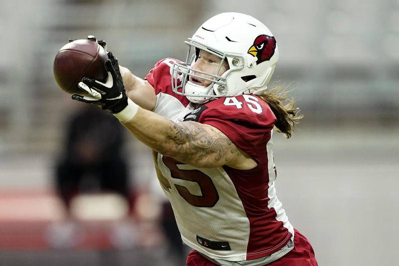 Arizona Cardinals' Dennis Gardeck runs drills during an NFL football training camp, Monday, Aug. 31, 2020, in Glendale, Ariz.