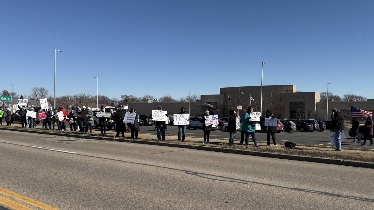 Protestors took to Randall Road in St. Charles, outside the Kane County Circuit Clerk building to protest the recent actions of the white house on March 1, 2025.