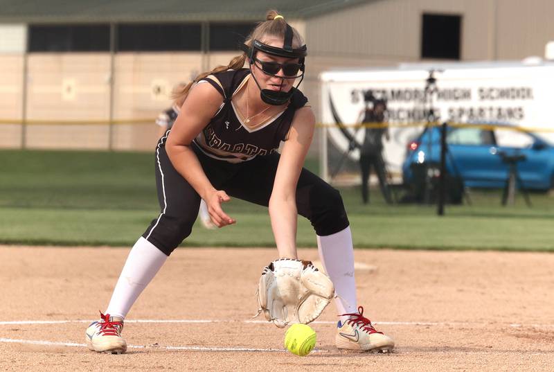 Sycamore pitcher Alyssa Wilkerson fields a ground ball during their game against Dundee-Crown Thursday, May 18, 2023, at Sycamore High School.