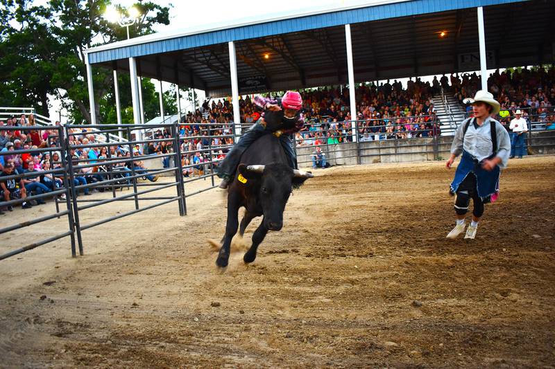 The Whiteside County Fair grandstand was filled to capacity Tuesday night for the bull-riding competition. The fair continues through Saturday at the Whiteside County Fairgrounds in Morrison.