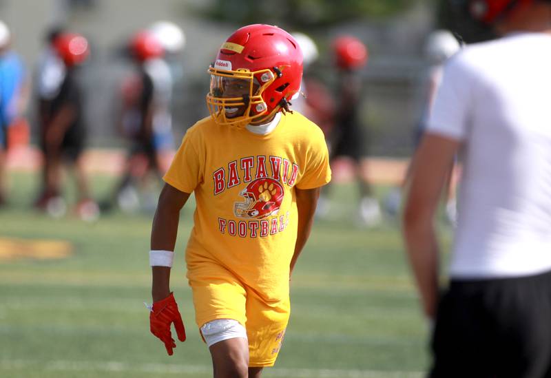 Batavia’s Darin Ashiru lines up during a 7 on 7 tournament on Thursday, July 10, 2025 at Batavia High School.