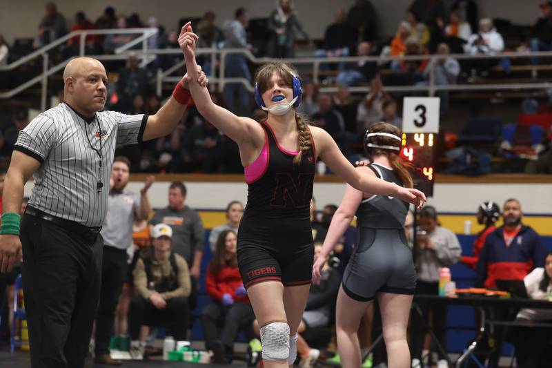 Plainfield North’s Viktoriia Rodnikova defeats Joliet Township’s Veronica Klobnak in the Southwest Prairie Conference 140 pound Championship at Joliet Central on Saturday, Jan. 20th, 2024.