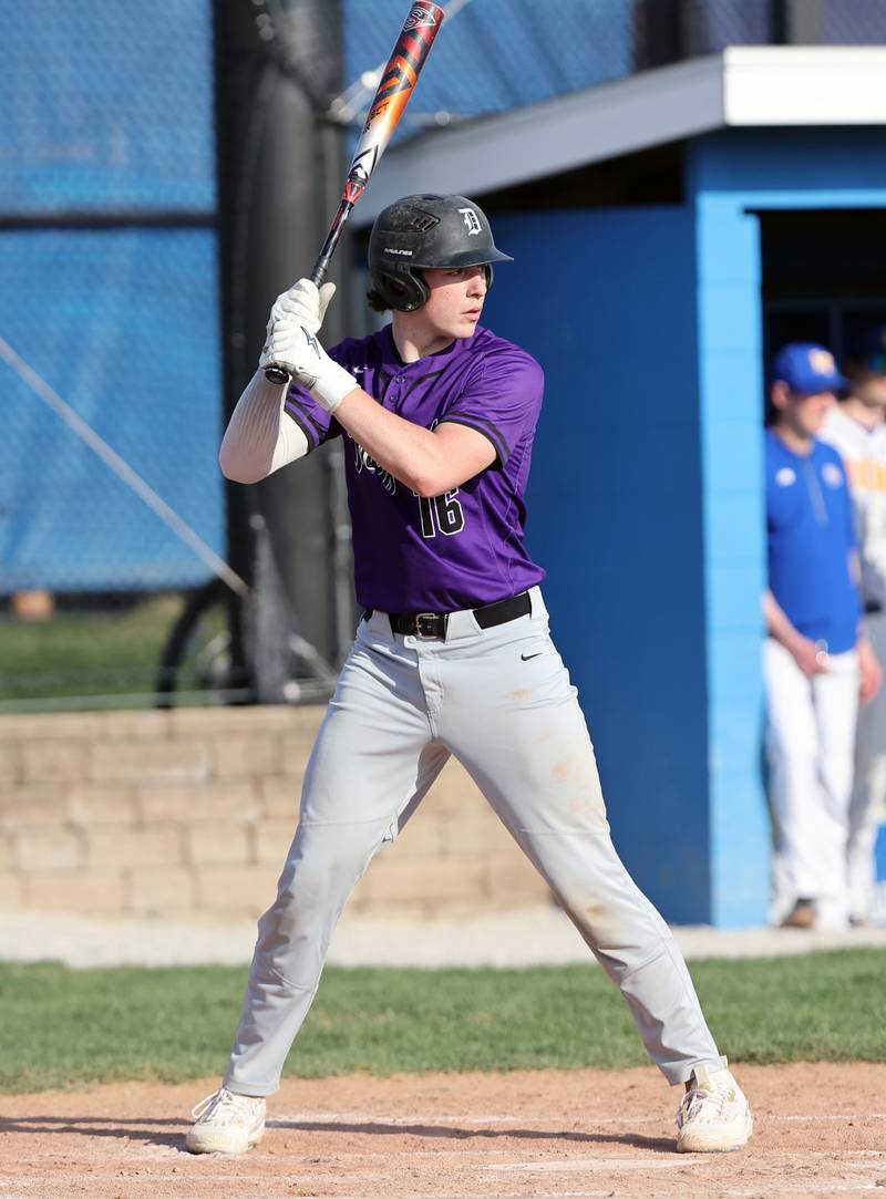 Downers Grove North's Jimmy Janicki (16) waits for a pitch during the boys varsity baseball game between Lyons Township and Downers Grove North high schools in Western Springs on Tuesday, April 11, 2023.