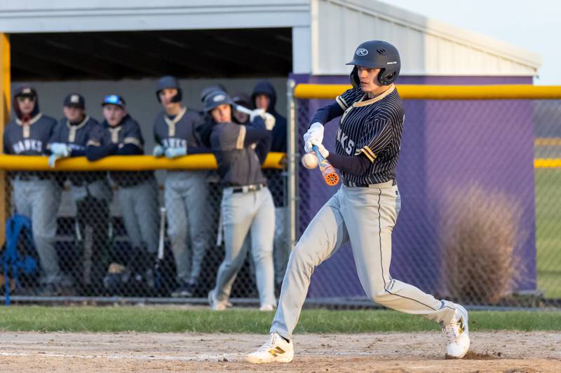 Thomas Giebel of Hiawatha hits ball on Monday, April 7, 2025 at Serena High School in Serena.