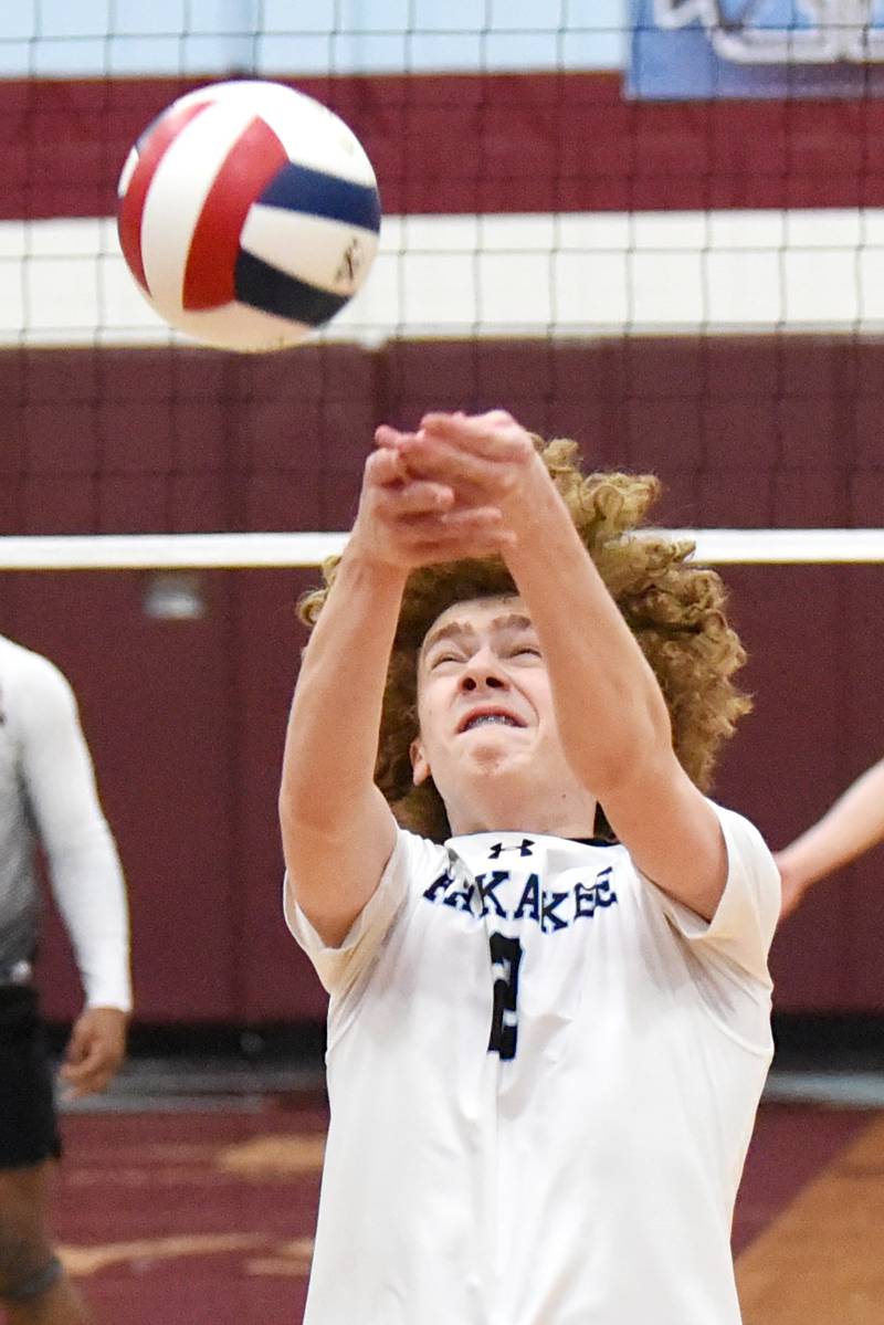 Kankakee's Miles Yohnka sends the ball over the net during the Kays' home All-City game against Bradley-Bourbonnais Thursday, April 10, 2025.