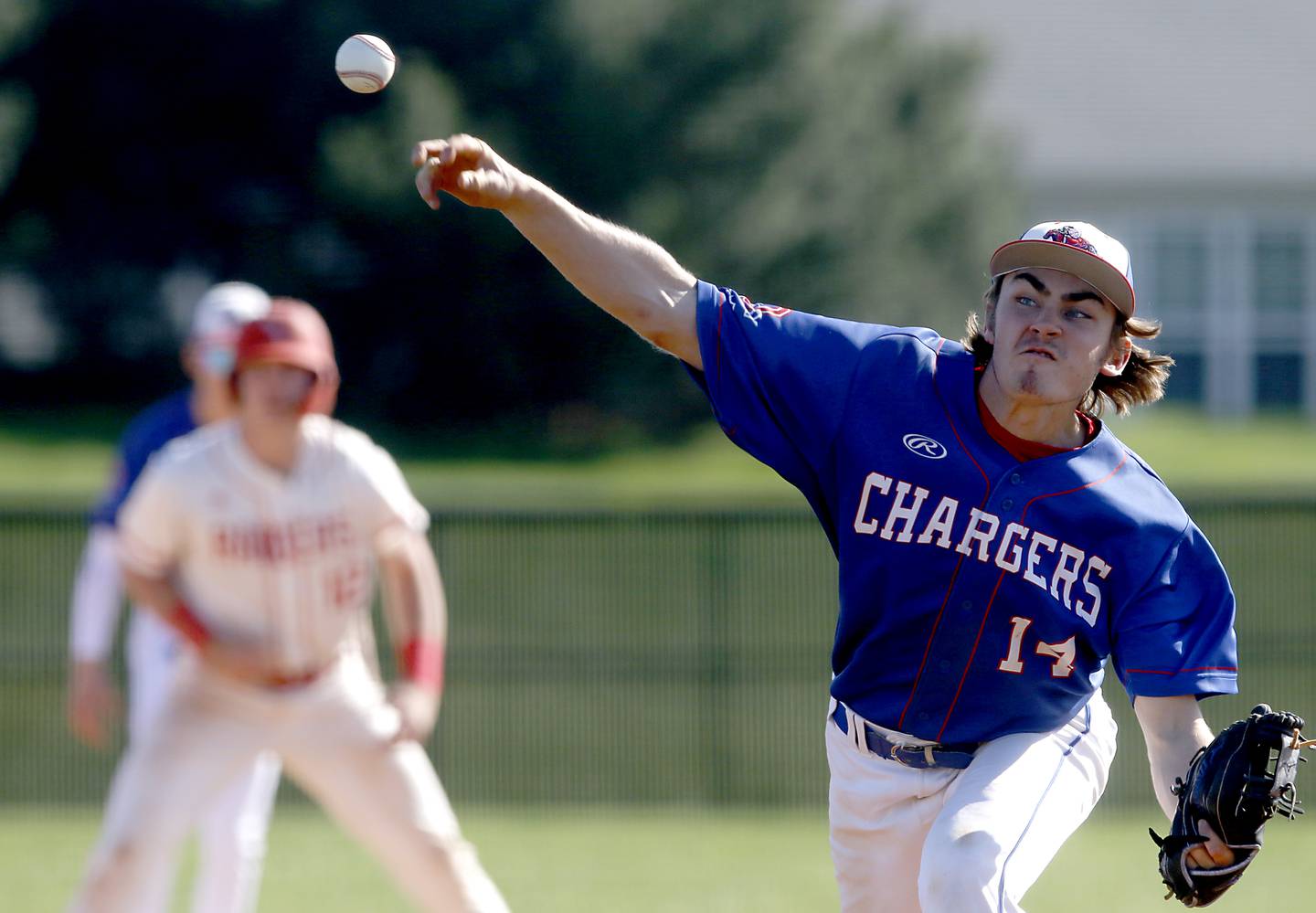 Dundee-Crown's Jared Russell throws a pitch during a Fox Valley Conference baseball game against Huntley on Friday, May 9, 2025, at Huntley High School.
