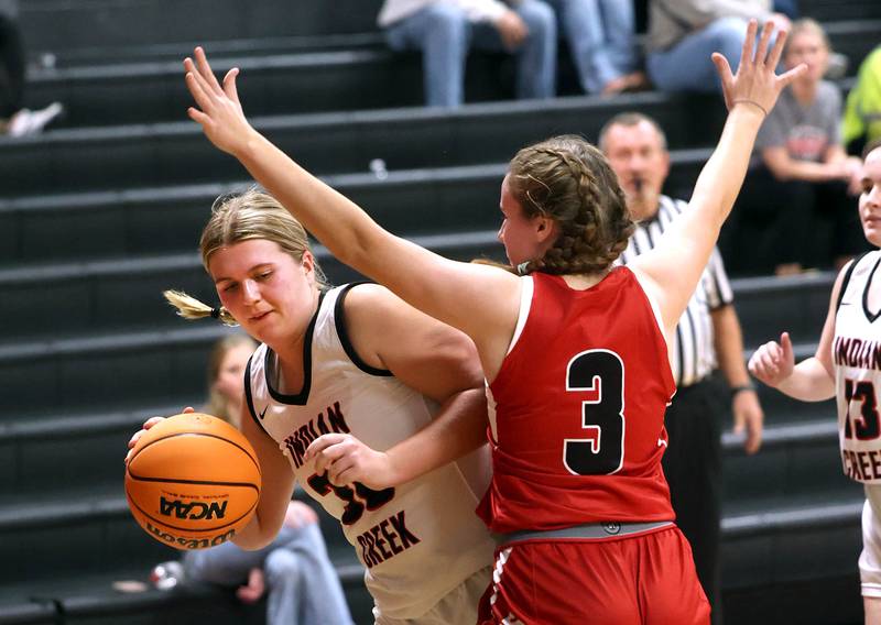 Indian Creek's Madison Boehne tries to get around Aurora Christian’s Evelyn Klimek during their game Monday, Nov. 25, 2024, at Indian Creek High School in Shabbona.