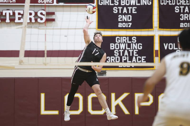 Lockport’s Aiden Morgan serves the ball against Joliet West on Tuesday, March 31, 2026 in Joliet.