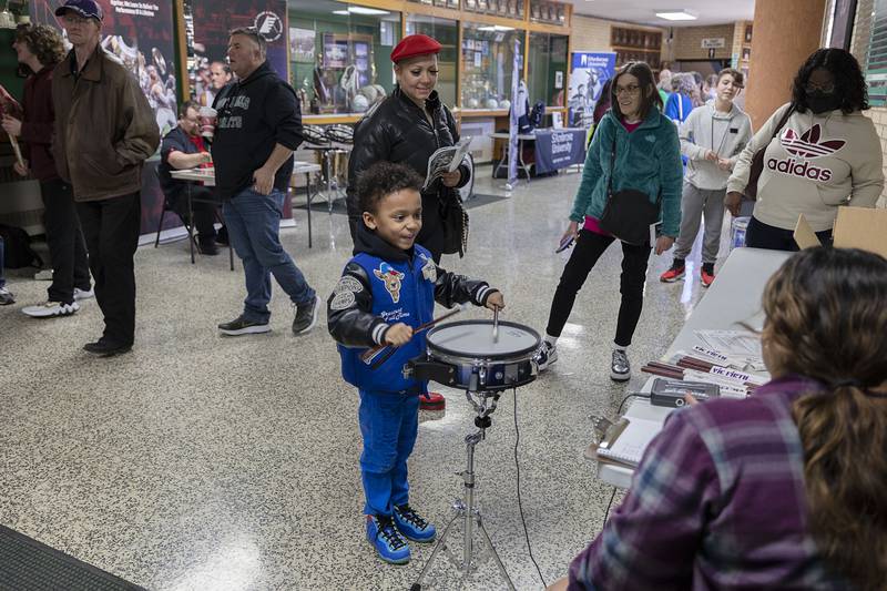Chance Hill, 5, of Rockford tries his hand at a speed drumming contest Sunday, Feb. 26, 2023 at Rock Falls High School’s Percussion Palooza. The ninth annual event featured solo and ensembles, instruction, and performances from indoor drumlines.