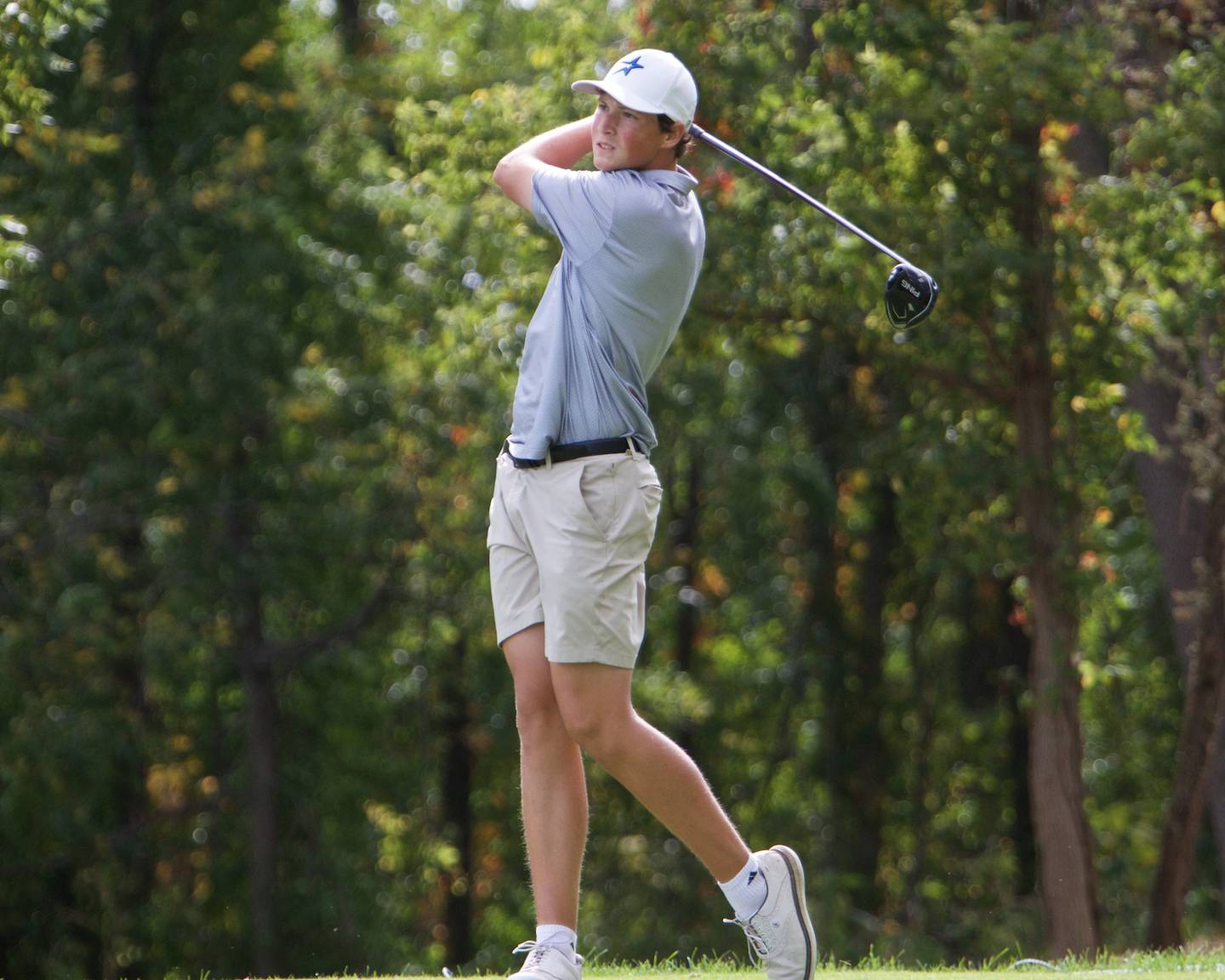 St. Charles North's Noah Bruns tees off at the Class 3A St. Charles North Regional on Wednesday, Oct. 1, 2025 at Bowes Creek Country Club in Elgin.