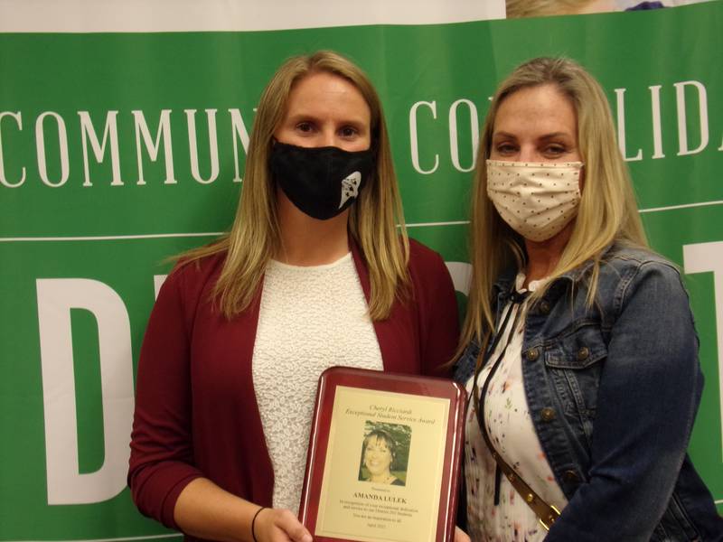 Ridge Elementary School social worker Amanda Lulek (left) shown here with Ridge Principal Stacey DiBitetto, received the sixth annual Cheryl Ricciardi Exceptional Student Service Award on April 26, 2021.