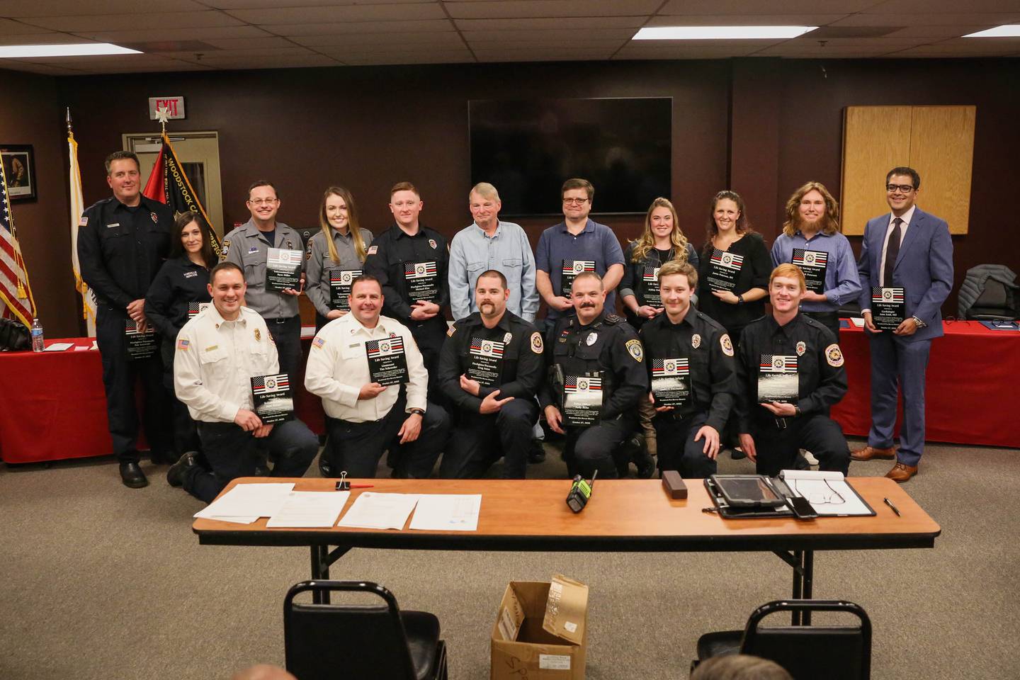 The Woodstock Fire/Rescue District recognized those who helped revive Charles Peterson, who suffered a heart attack in August, during their monthly board meeting Oct. 27. Awards were presented to WFRD Members, NERCOM 911 Telecommunicators, Woodstock Police Officer, Northwestern Medicine Cardiac Team and bystanders.