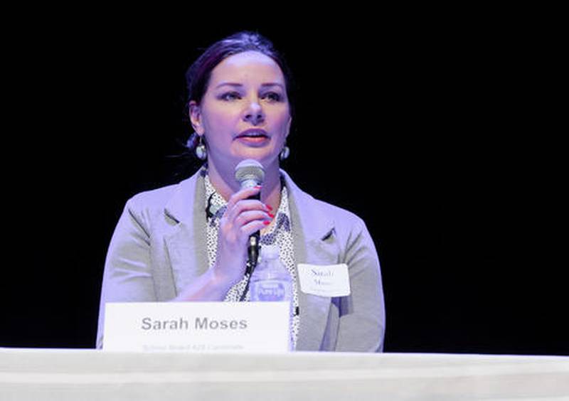 File photo: DeKalb School District 428 Board then-candidate Sarah Moses makes her opening statement during a March 2019 candidates forum at the Egyptian Theatre in DeKalb.