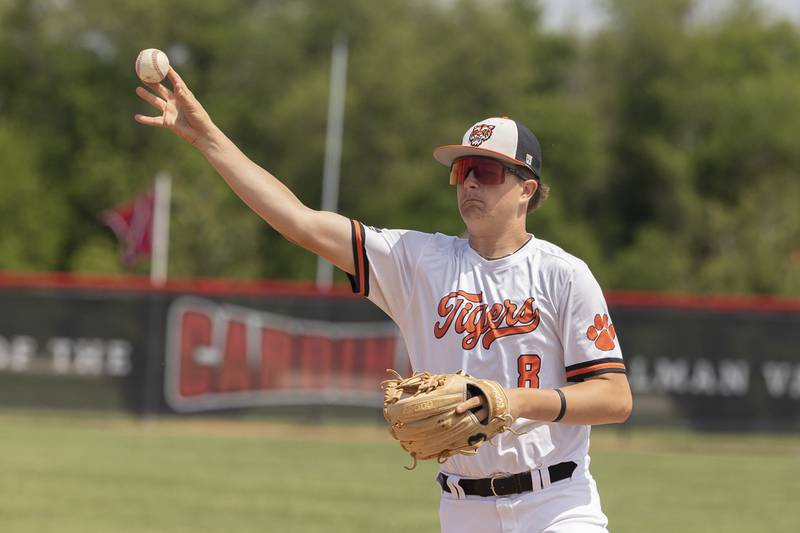 Byron’s Cooper Mershon throws to first for an out against Oregon Saturday, May 24, 2025, in the Stillman Valley Class 2A Regional final.