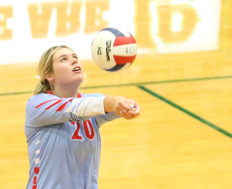 Ottawa's libero Reese Burgwald returns a serve from L-P on Tuesday, Oct. 17, 2023 at Sellett Gymnasium.