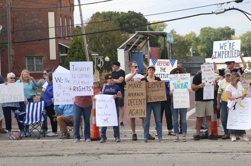 Hundreds gather at Rotary Park during the No Kings protest on Saturday, Oct. 18, 2025 in Princeton.