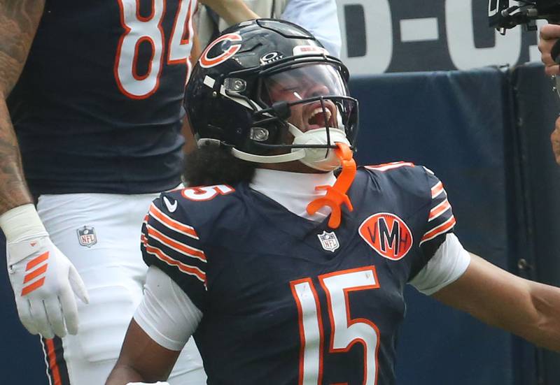 Chicago Bears wide receiver Rome Odunze reacts after scoring a touchdown against the Dallas Cowboys on Sunday, Sept. 21, 2025 at Soldier Field.