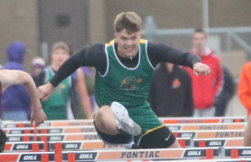 Coal City's Julian Micetich competes in the 100 meter hurdles during the Class 2A Sectional meet on Wednesday, May 21, 2025 at Pontiac High School.
