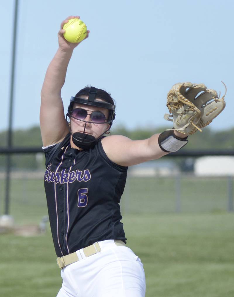 Serena starting pitcher Maddie Glade winds up with a pitch against Newark on Wednesday, May 1, 2024 at Serena High School.