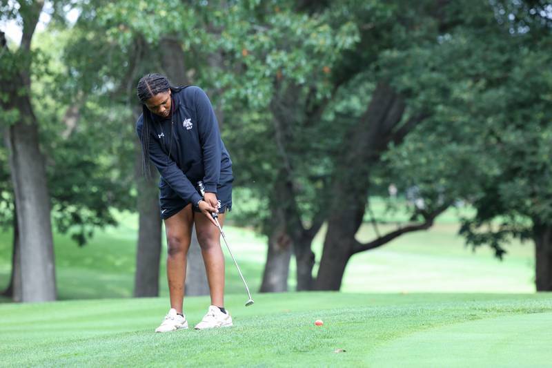 Kankakee's Kaleah Jackson sends the ball onto the green during the All-City matchup on Wednesday, Sept. 24, 2025.