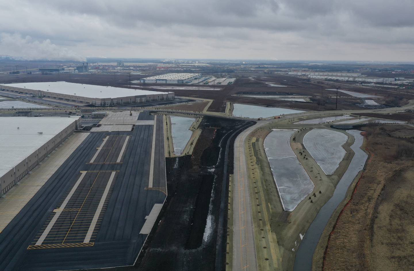 An aerial view of distribution centers for the NorthPoint group near the intersection of Noel Road and Illinois Route 53 on Tuesday, Jan. 30, 2024 in Elwood. NorthPoint is developing the Third Coast Intermodal Hub, a warehouse development of more than 2,000 acres stretching from Joliet to Elwood.