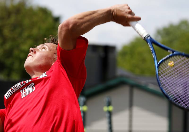 Hinsdale Central’s Nathan Hernandez serves the ball as he competes in the Class 2A Boys State Tennis Tournament on Thursday, May 29, 2025, at Fremd High School, in Palatine.
