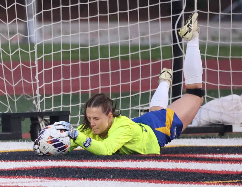 Johnsburg's Lila Konrad makes a save of a Timothy Christian shot Thursday, June 5, 2025, during their IHSA Class 1A state semifinal at North Central College in Naperville.