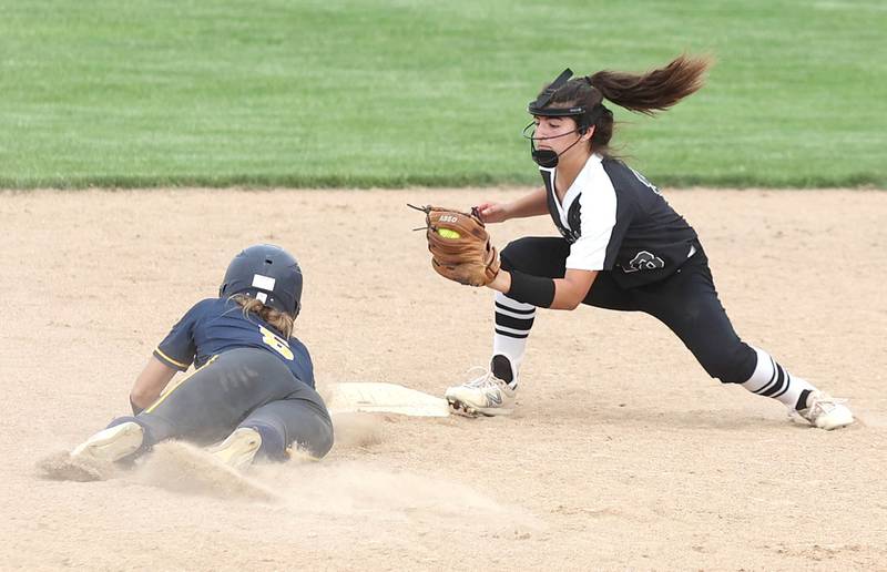 Kaneland's Angelina Campise tags out Sterling's Aubri Menchaca at second Tuesday, May 31, 2022, during their Class 3A Sectional semifinal game at Sycamore High School.