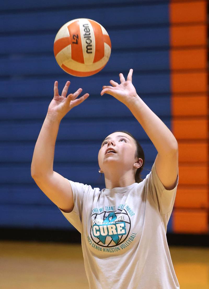 Genoa-Kingston’s Brooklyn Ristau sets the ball Thursday, Aug. 1, 2024, during practice at the school in Genoa.