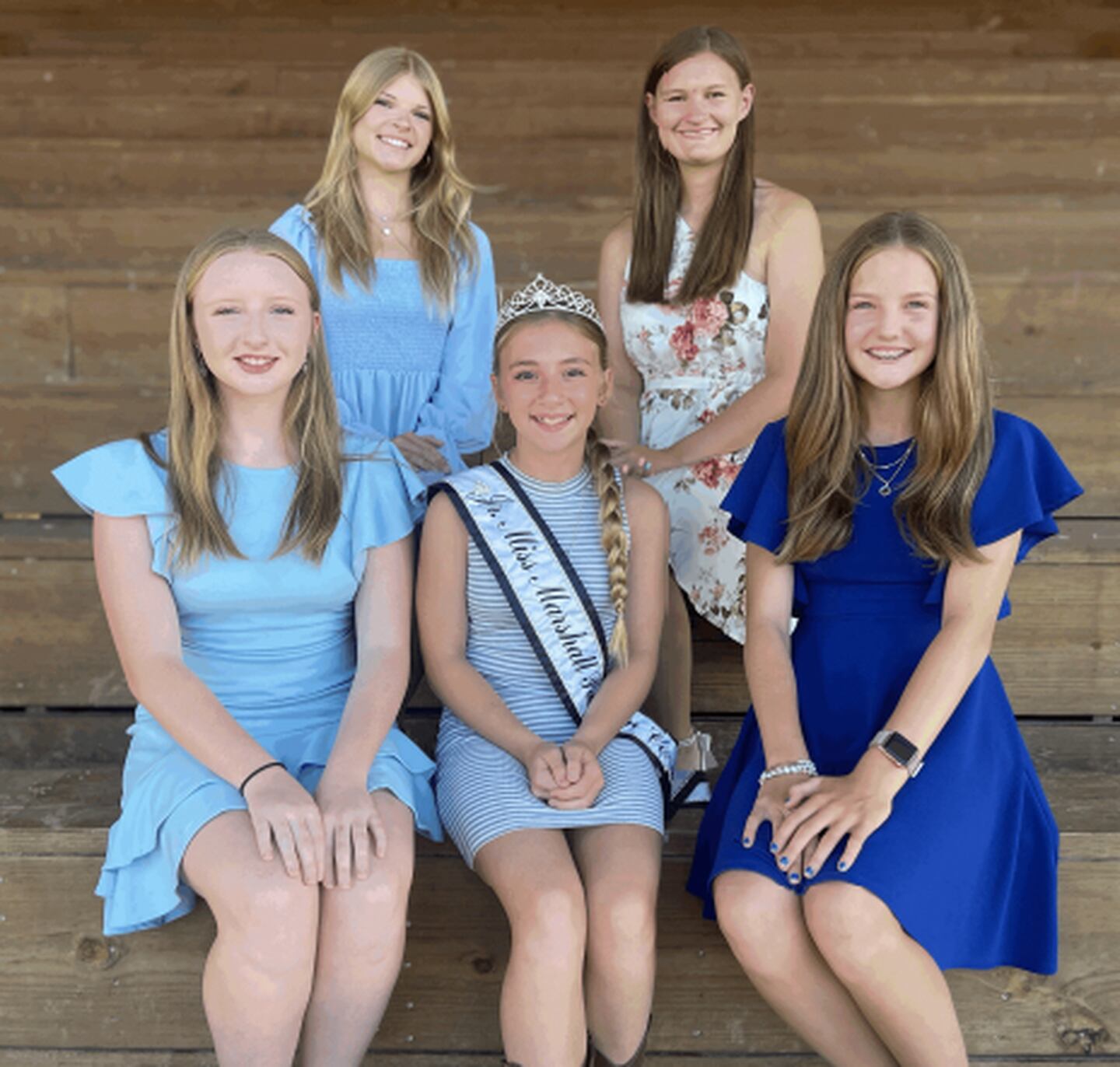 (From left, front) Addison Graham, 2023 Jr. Miss Trinity Frawley, Stella Rowe, (back) Katerina Lenz and Emma Kay Gaspardo. Not pictured is Isabelle Knuchey.
