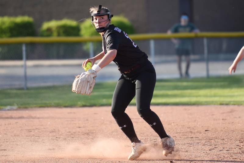 Watseka's Christa Holohan readies a throw to first base during a game at Grant Park Wednesday, April 22, 2026.