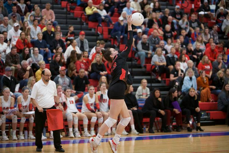 Barrington's Molly Kozak with the serve against Huntley at the Class 4A Super Sectional Final on Friday, Nov. 4,2022 in Dundee.
