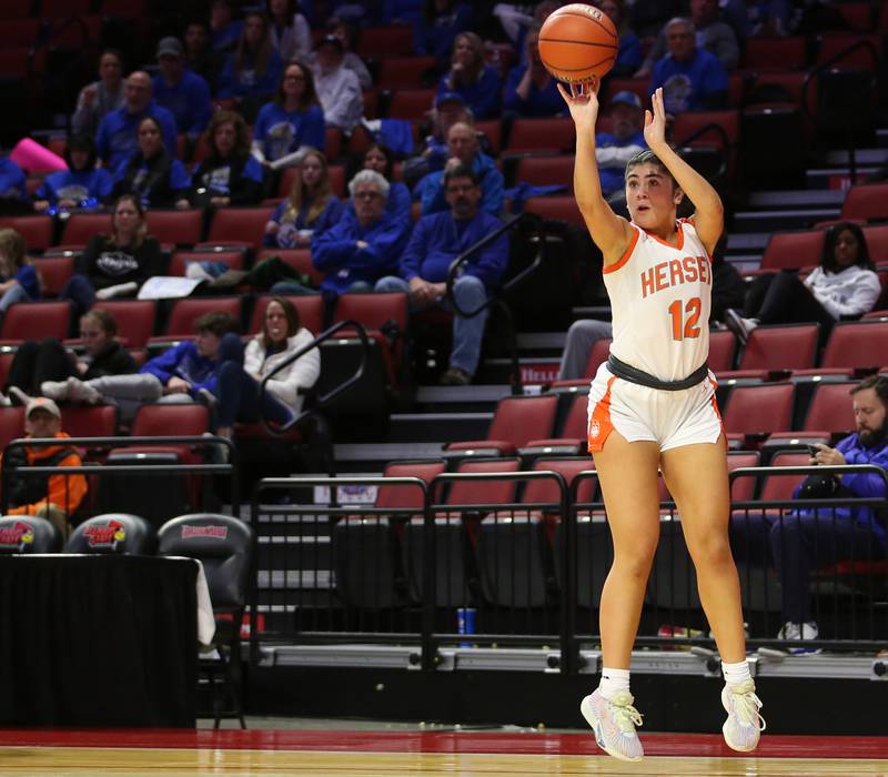 Hersey's Natalie Alesia shoots a wide-open shot over Geneva during the Class 4A third place game on Friday, March 3, 2023 at CEFCU Arena in Normal.