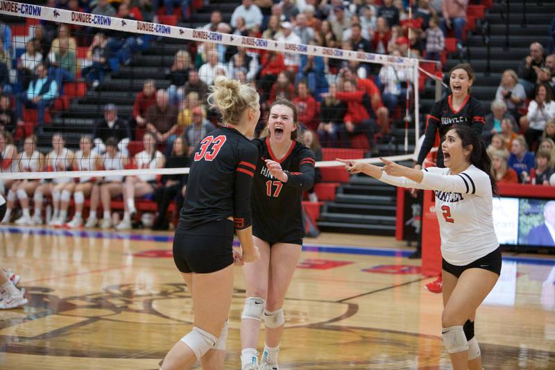 Huntley celebrates a play against Huntley at the Class 4A Super Sectional Final on Friday, Nov. 4,2022 in Dundee.
