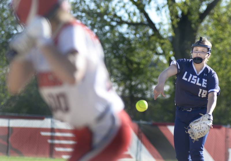 Lisle starting pitcher Megan Bradley lets go with a pitch against Streator Tuesday at Streator.