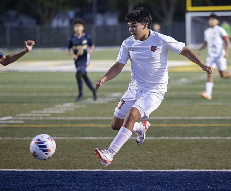 Lasalle-Peru’s Ismael Mejia takes a shot towards the goal against Sterling Tuesday, Oct. 17, 2023 in a regional semifinal in Sterling.